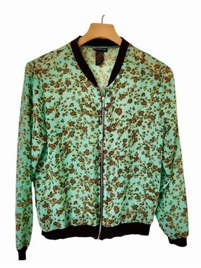 Ultra Flirt Mint Green Floral Bomber Jacket with Black Trim - sheer lightweight
